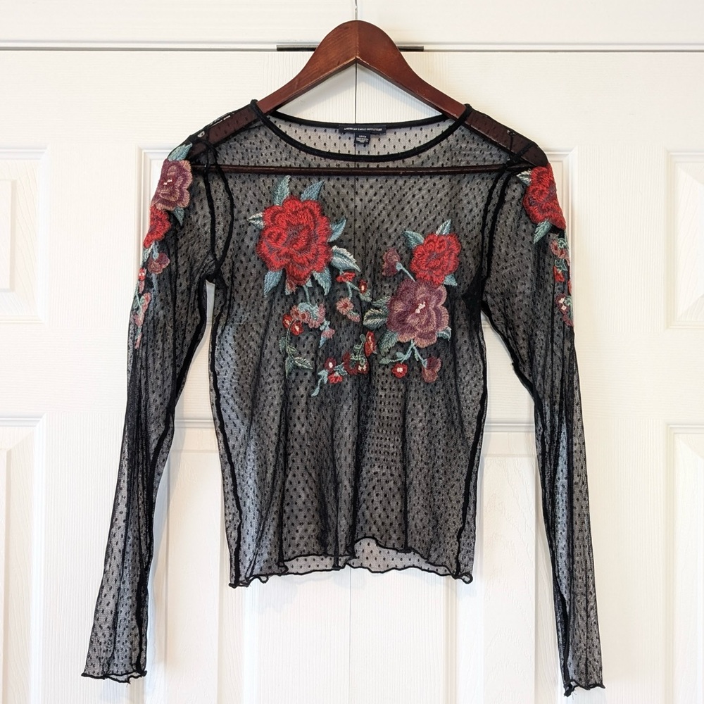 American Eagle Outfitters Floral Embroidered Mesh Long Sleeve Tee